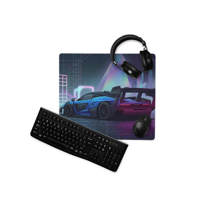 McLaren Senna GTR Inspired Blue Purple Vaporwave Gaming Mouse Pad – Neon Futuristic City Desk Mat with Cyberpunk Grid, Synthwave Art and Racing Style