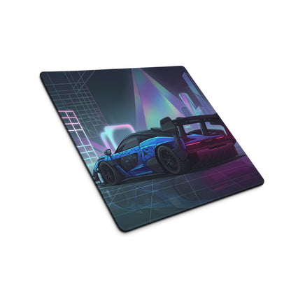 McLaren Senna GTR Inspired Blue Purple Vaporwave Gaming Mouse Pad – Neon Futuristic City Desk Mat with Cyberpunk Grid, Synthwave Art and Racing Style