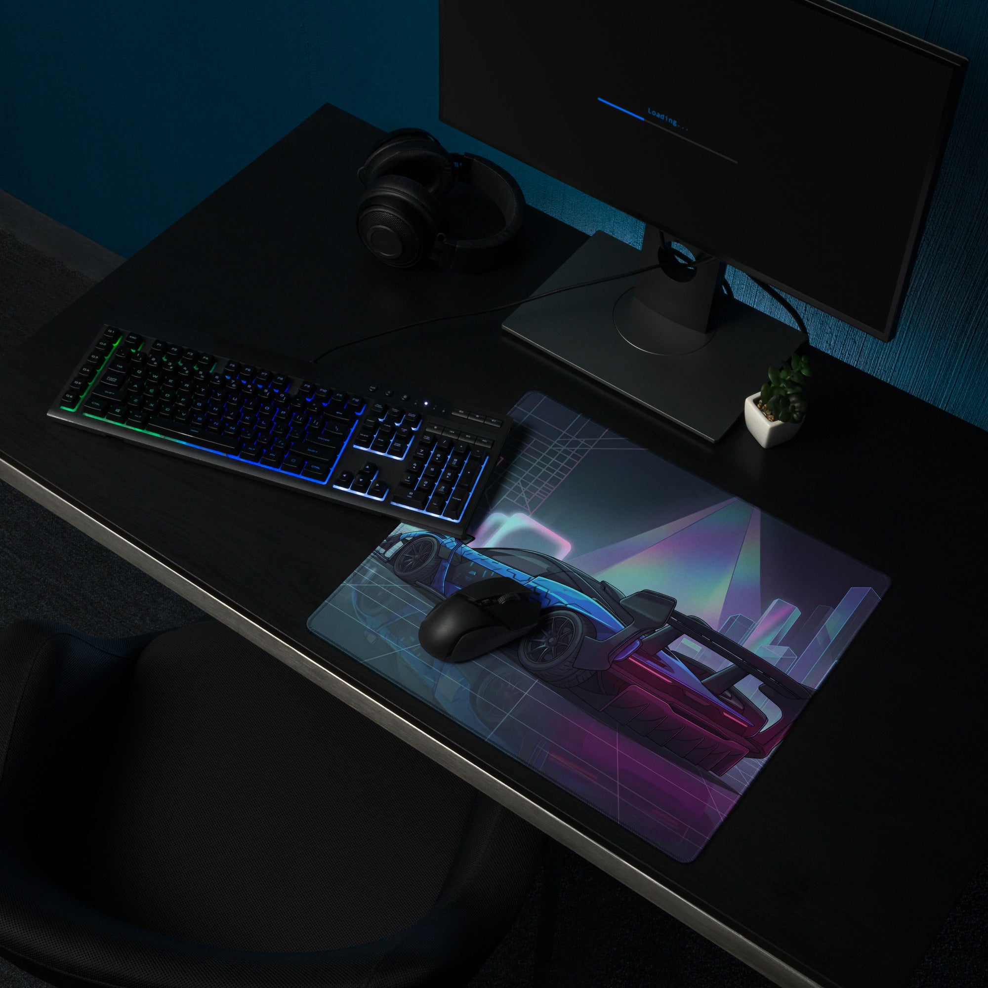 McLaren Senna GTR Inspired Blue Purple Vaporwave Gaming Mouse Pad – Neon Futuristic City Desk Mat with Cyberpunk Grid, Synthwave Art and Racing Style