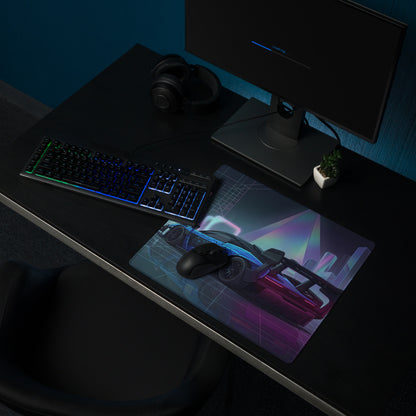 McLaren Senna GTR Inspired Blue Purple Vaporwave Gaming Mouse Pad – Neon Futuristic City Desk Mat with Cyberpunk Grid, Synthwave Art and Racing Style