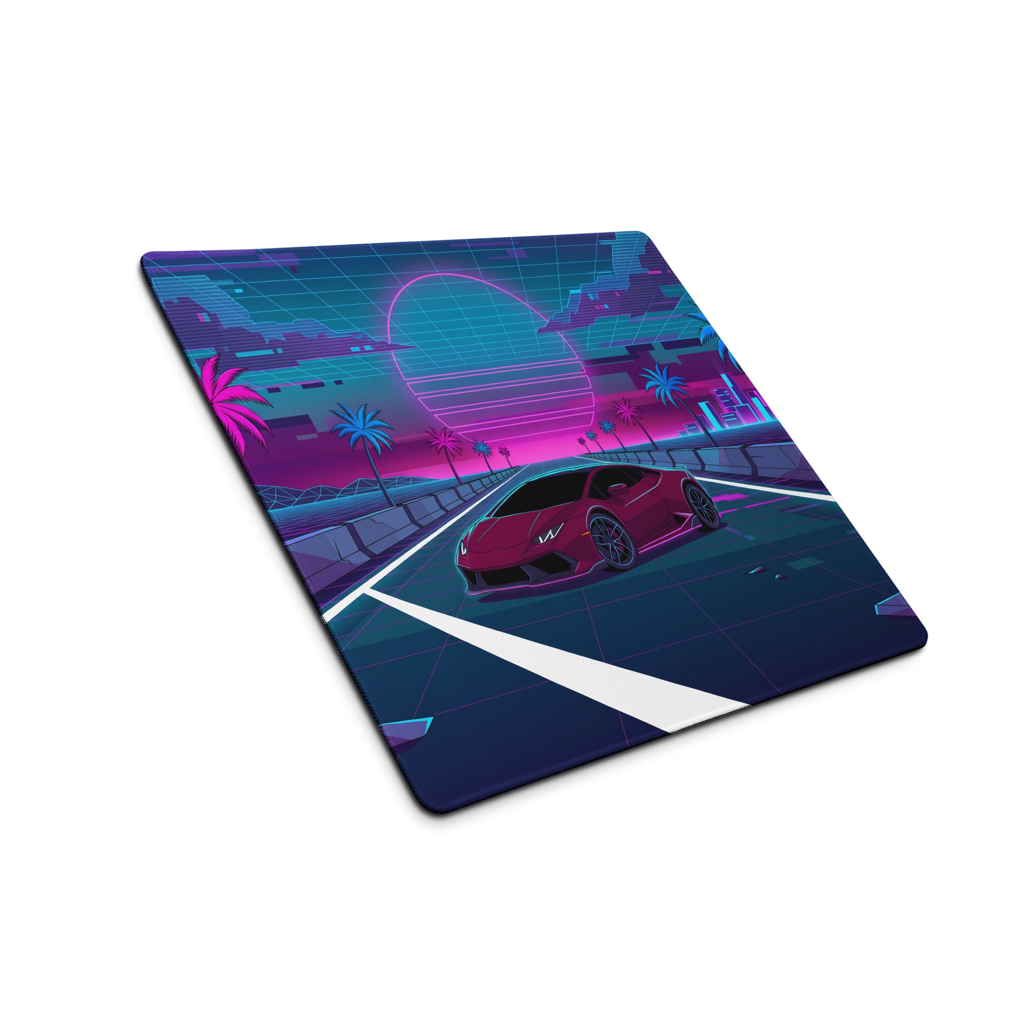 Lamborghini Huracán Inspired Red Pink Vaporwave Gaming Mouse Pad – Neon Synthwave Highway Desk Mat with Palm Trees, Retro Sunset and Cyberpunk City Art