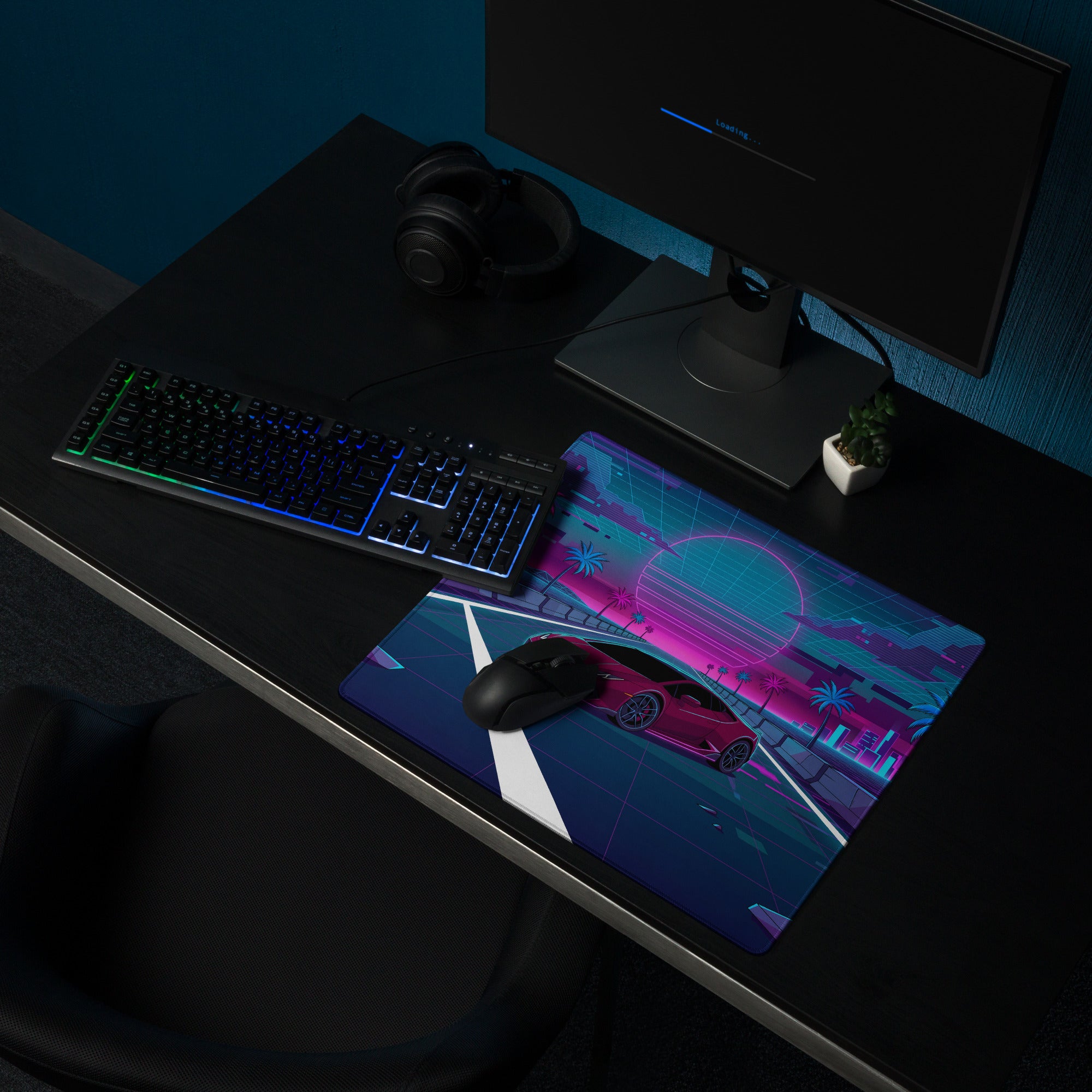 Lamborghini Huracán Inspired Red Pink Vaporwave Gaming Mouse Pad – Neon Synthwave Highway Desk Mat with Palm Trees, Retro Sunset and Cyberpunk City Art