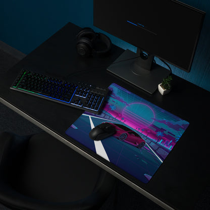 Lamborghini Huracán Inspired Red Pink Vaporwave Gaming Mouse Pad – Neon Synthwave Highway Desk Mat with Palm Trees, Retro Sunset and Cyberpunk City Art