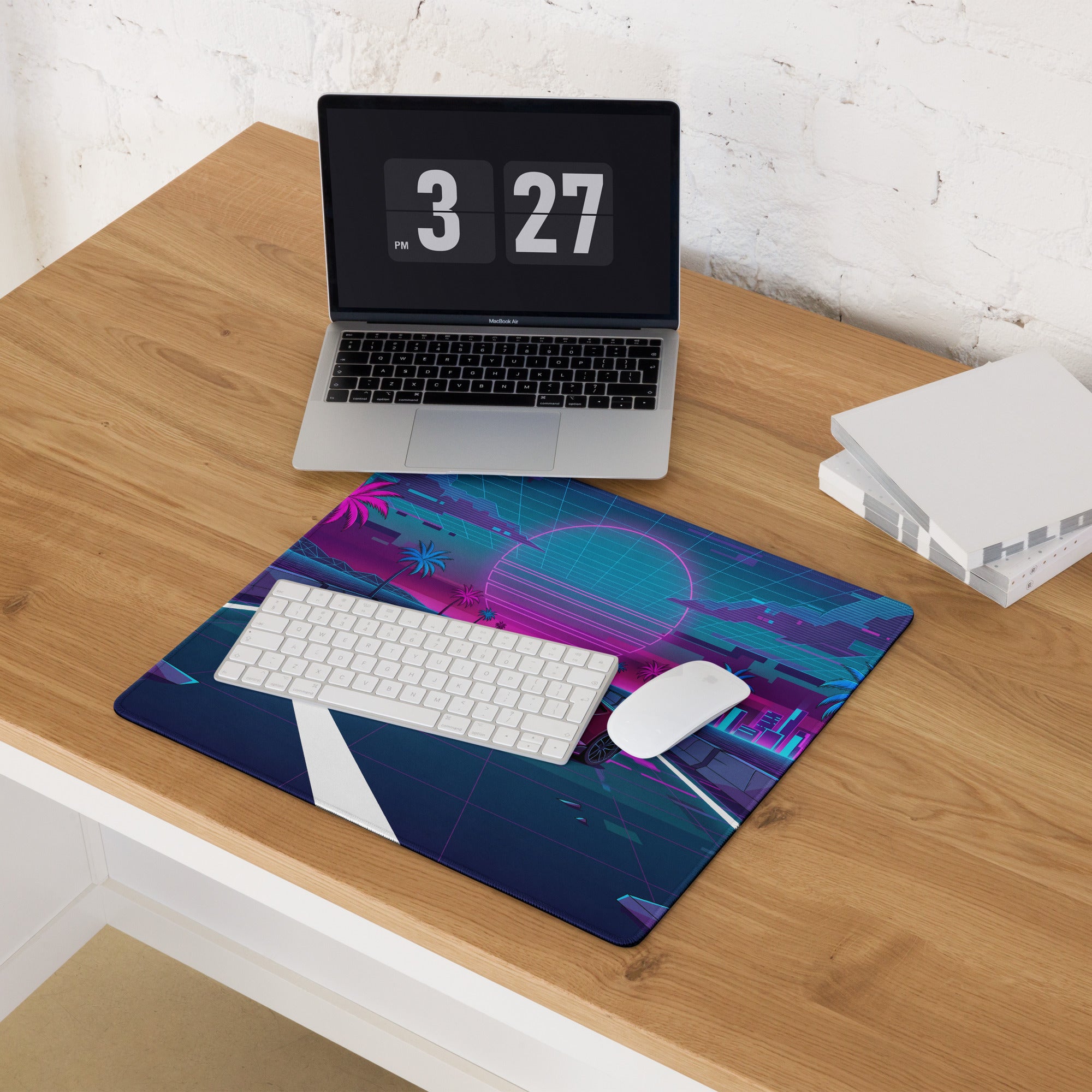 Lamborghini Huracán Inspired Red Pink Vaporwave Gaming Mouse Pad – Neon Synthwave Highway Desk Mat with Palm Trees, Retro Sunset and Cyberpunk City Art