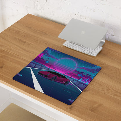 Lamborghini Huracán Inspired Red Pink Vaporwave Gaming Mouse Pad – Neon Synthwave Highway Desk Mat with Palm Trees, Retro Sunset and Cyberpunk City Art
