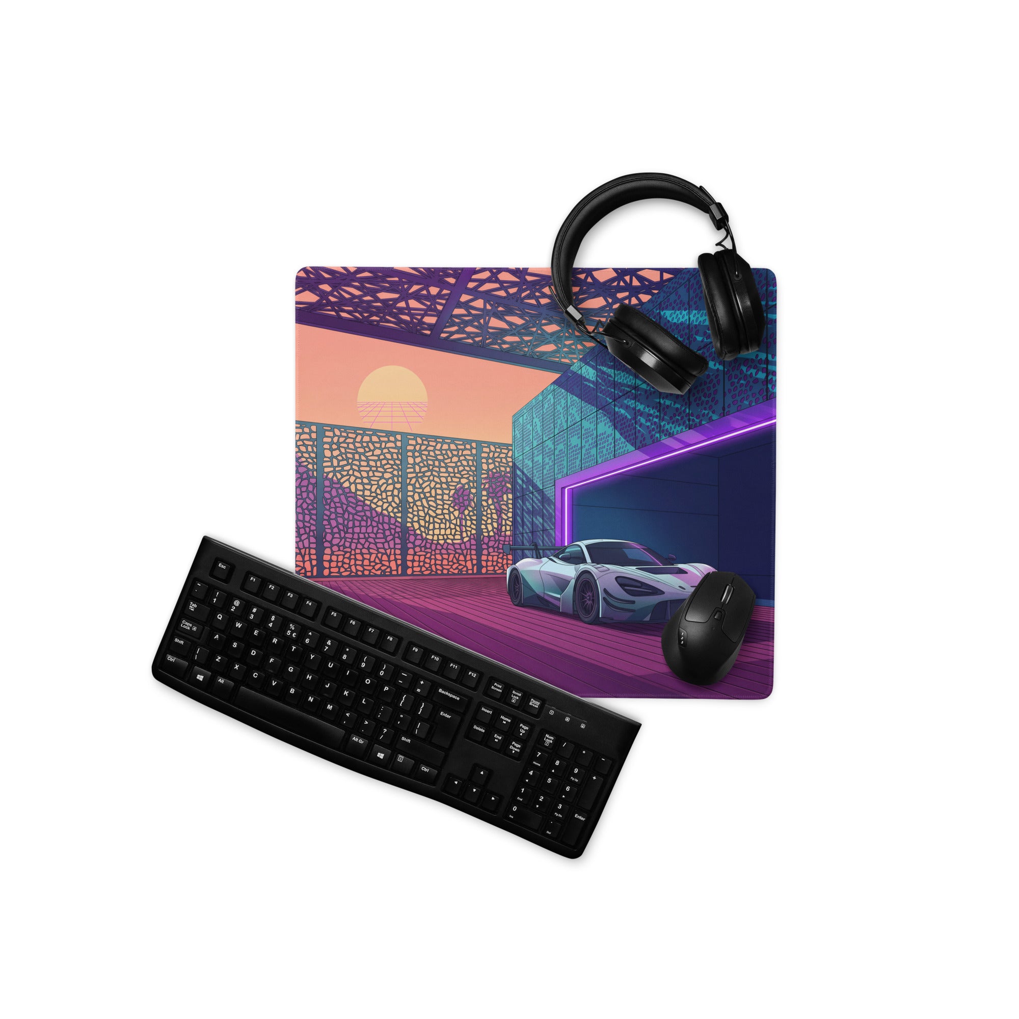 McLaren 720S GT3 Inspired White Purple Vaporwave Gaming Mouse Pad – Neon Sunset Supercar Garage Desk Mat with Retro Futuristic Motorsport Anime Art