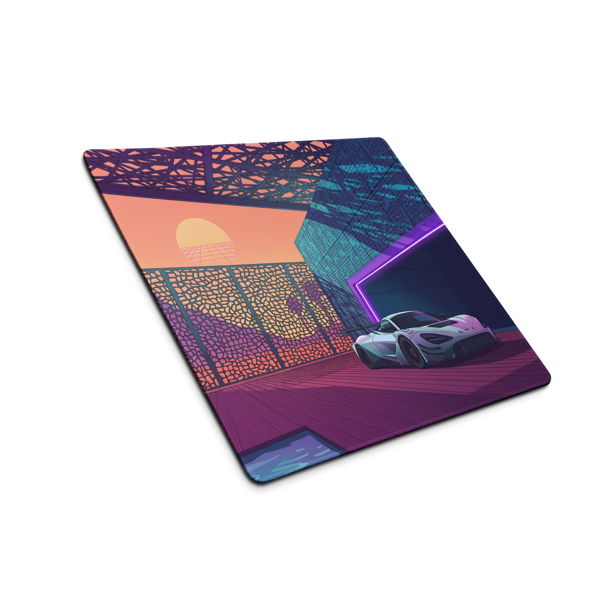 McLaren 720S GT3 Inspired White Purple Vaporwave Gaming Mouse Pad – Neon Sunset Supercar Garage Desk Mat with Retro Futuristic Motorsport Anime Art