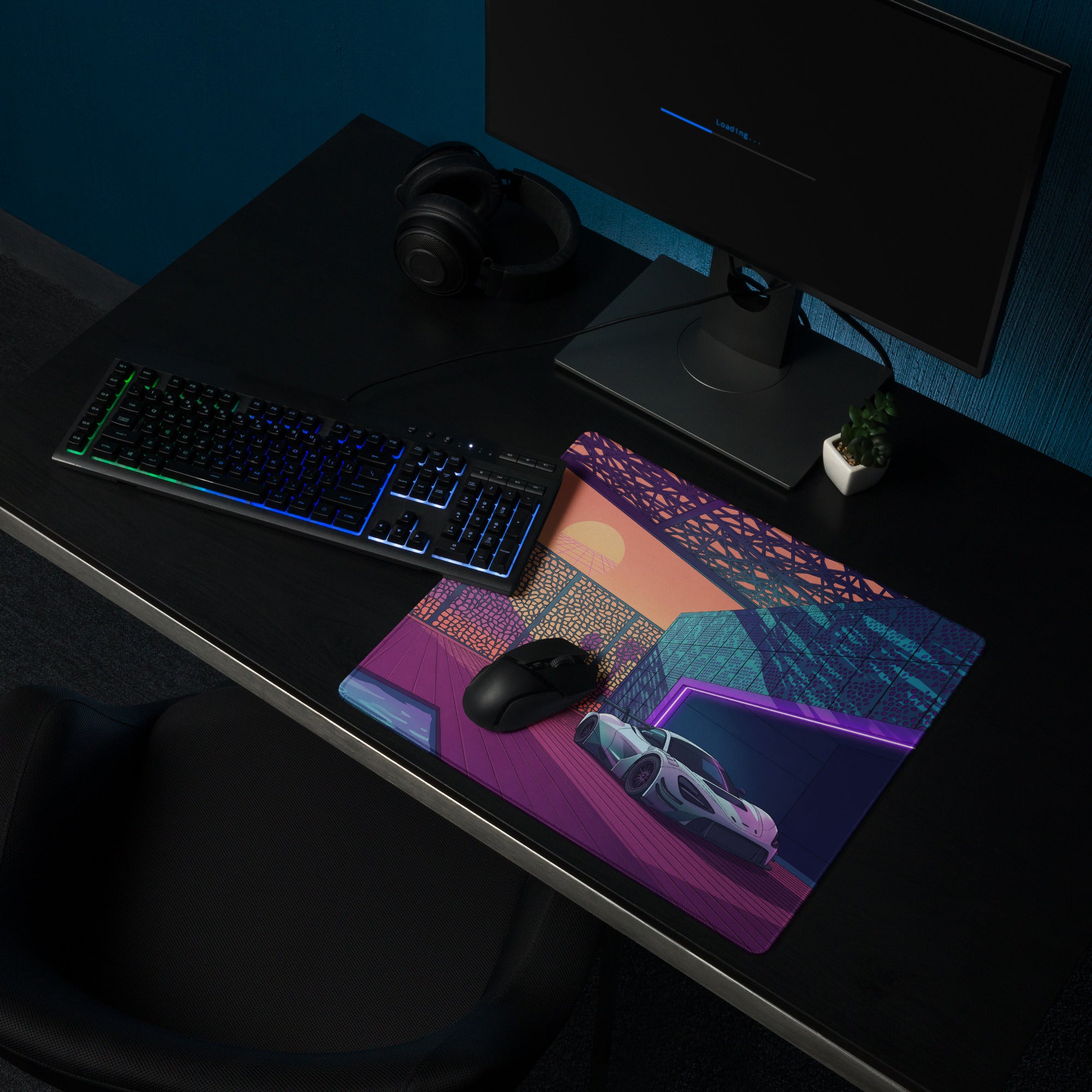 McLaren 720S GT3 Inspired White Purple Vaporwave Gaming Mouse Pad – Neon Sunset Supercar Garage Desk Mat with Retro Futuristic Motorsport Anime Art