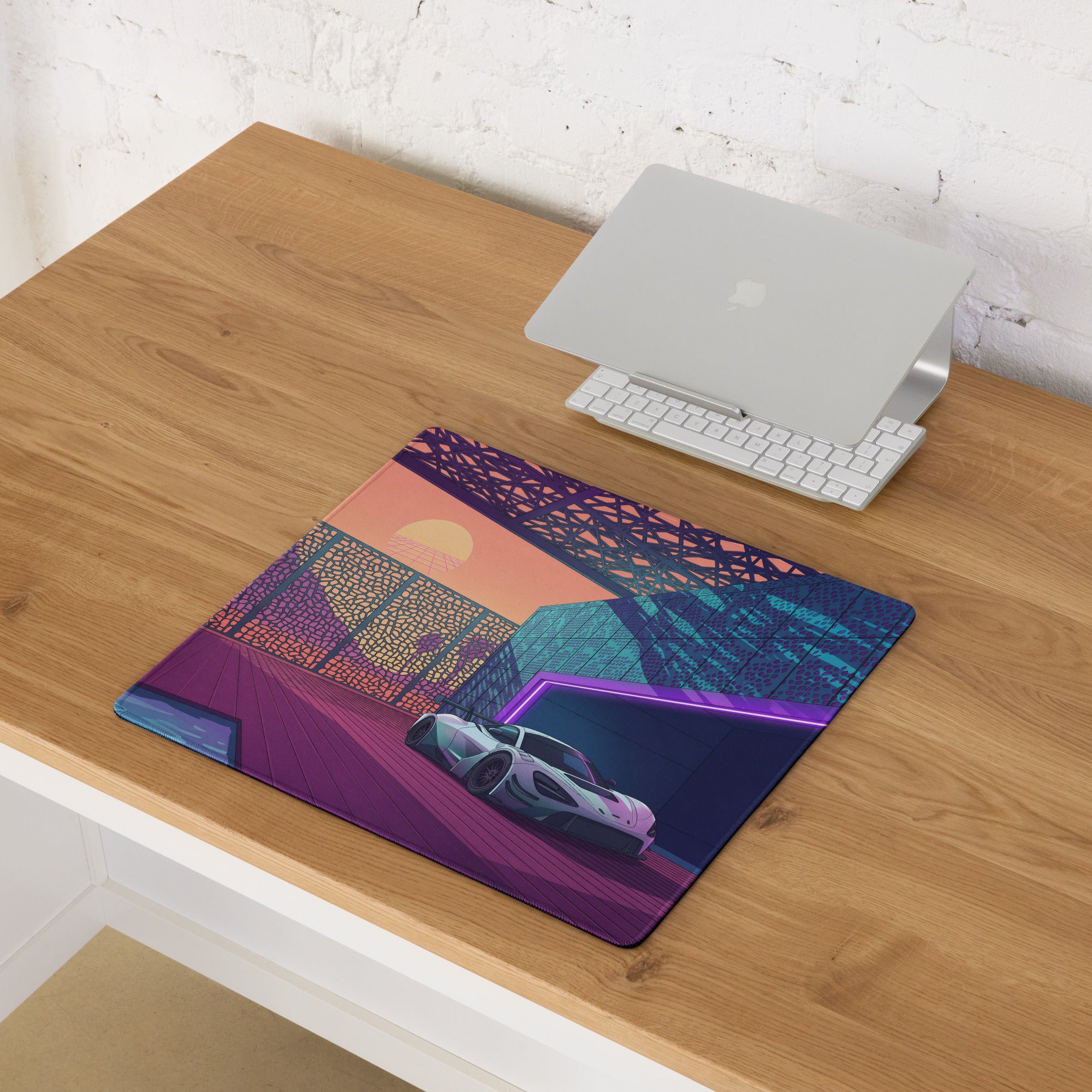 McLaren 720S GT3 Inspired White Purple Vaporwave Gaming Mouse Pad – Neon Sunset Supercar Garage Desk Mat with Retro Futuristic Motorsport Anime Art