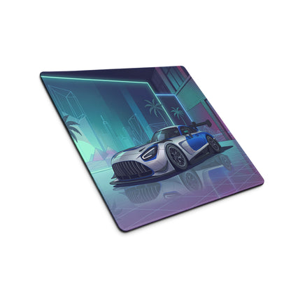 Mercedes-AMG GT3 Inspired Silver Blue Vaporwave Gaming Mouse Pad – Neon Futuristic Garage Desk Mat with Retro Synthwave Motorsport Anime Art