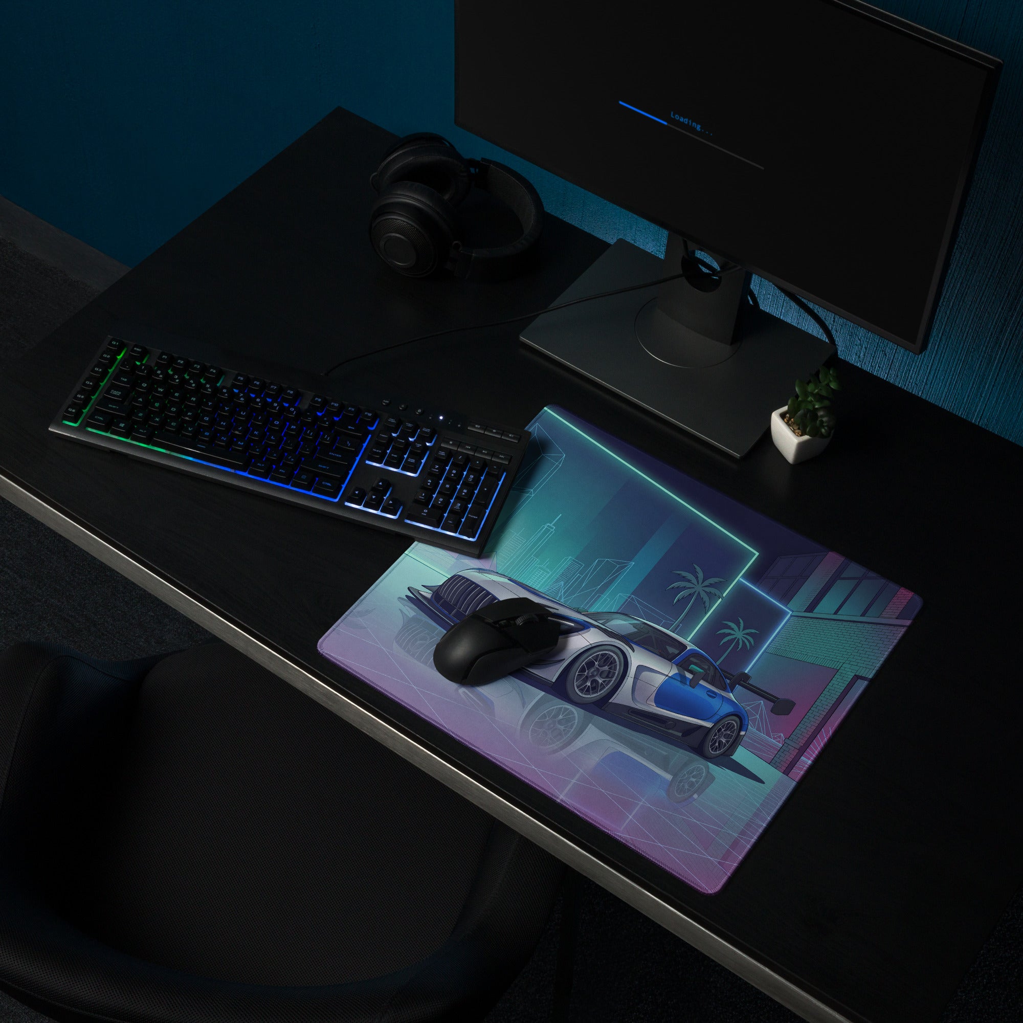 Mercedes-AMG GT3 Inspired Silver Blue Vaporwave Gaming Mouse Pad – Neon Futuristic Garage Desk Mat with Retro Synthwave Motorsport Anime Art