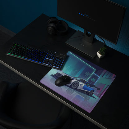 Mercedes-AMG GT3 Inspired Silver Blue Vaporwave Gaming Mouse Pad – Neon Futuristic Garage Desk Mat with Retro Synthwave Motorsport Anime Art