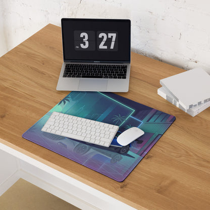 Mercedes-AMG GT3 Inspired Silver Blue Vaporwave Gaming Mouse Pad – Neon Futuristic Garage Desk Mat with Retro Synthwave Motorsport Anime Art