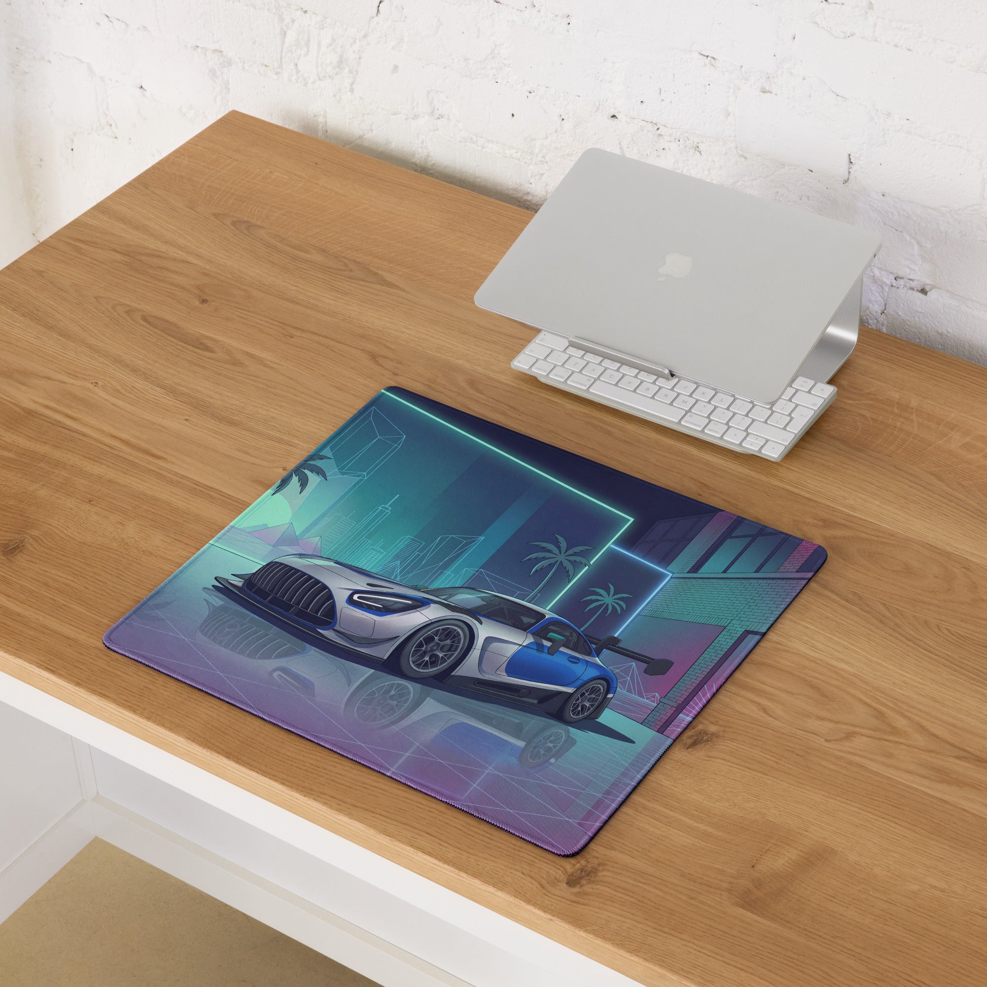 Mercedes-AMG GT3 Inspired Silver Blue Vaporwave Gaming Mouse Pad – Neon Futuristic Garage Desk Mat with Retro Synthwave Motorsport Anime Art