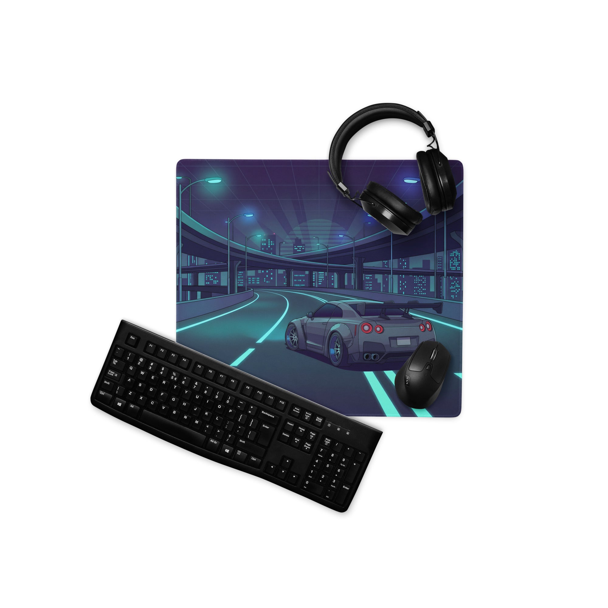 Nissan GT-R R35 Inspired Gray Cyan Vaporwave Gaming Mouse Pad – Neon Futuristic Highway Desk Mat with JDM Night City Anime Automotive Artwork