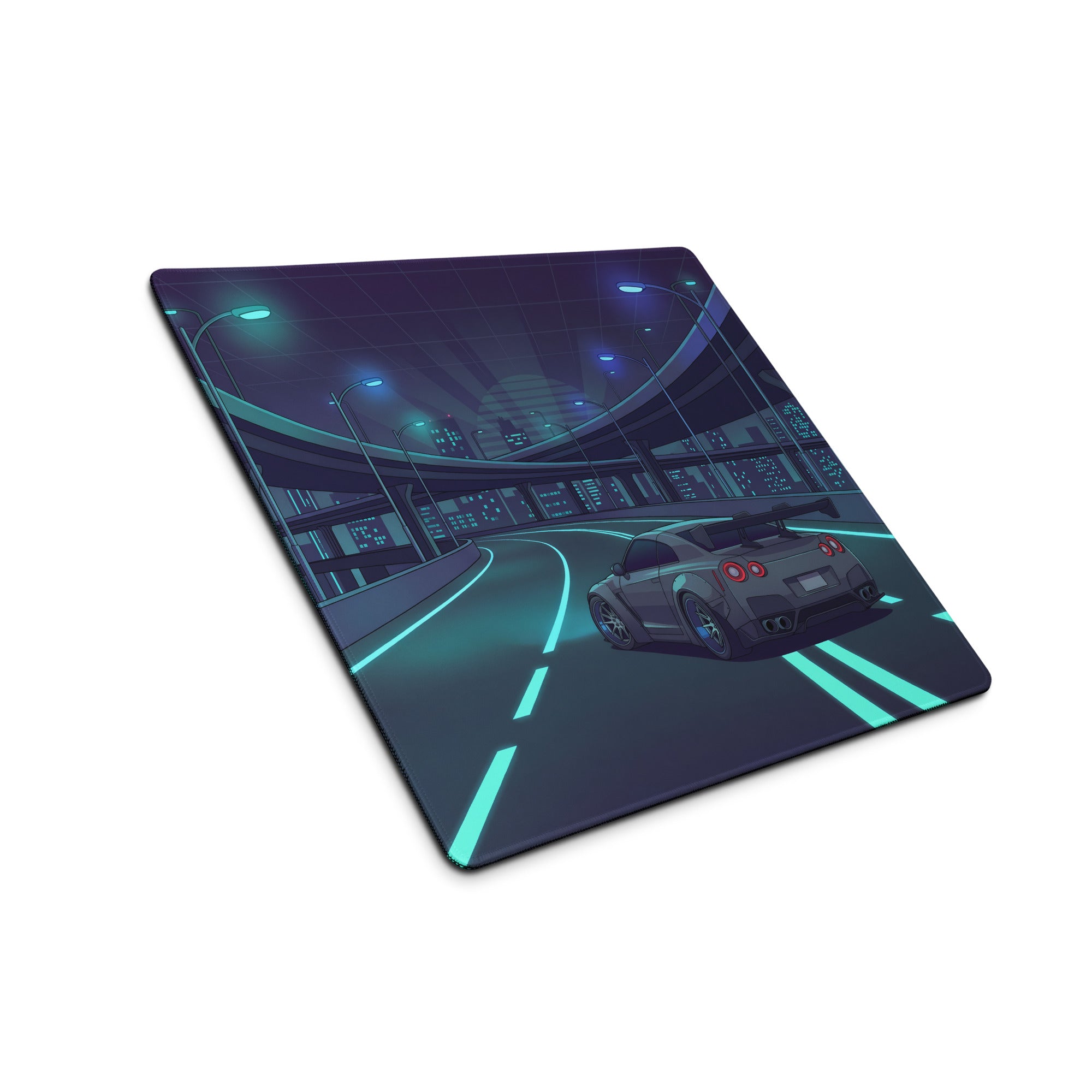 Nissan GT-R R35 Inspired Gray Cyan Vaporwave Gaming Mouse Pad – Neon Futuristic Highway Desk Mat with JDM Night City Anime Automotive Artwork
