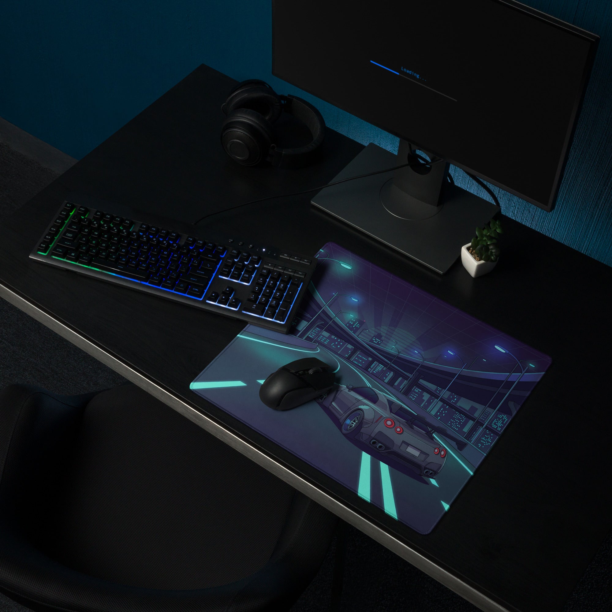 Nissan GT-R R35 Inspired Gray Cyan Vaporwave Gaming Mouse Pad – Neon Futuristic Highway Desk Mat with JDM Night City Anime Automotive Artwork