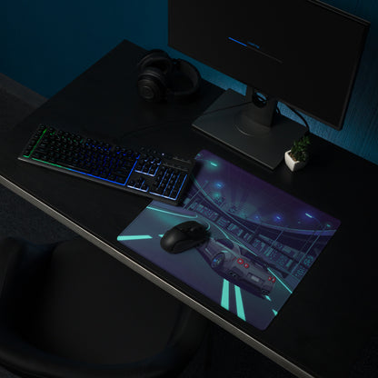 Nissan GT-R R35 Inspired Gray Cyan Vaporwave Gaming Mouse Pad – Neon Futuristic Highway Desk Mat with JDM Night City Anime Automotive Artwork