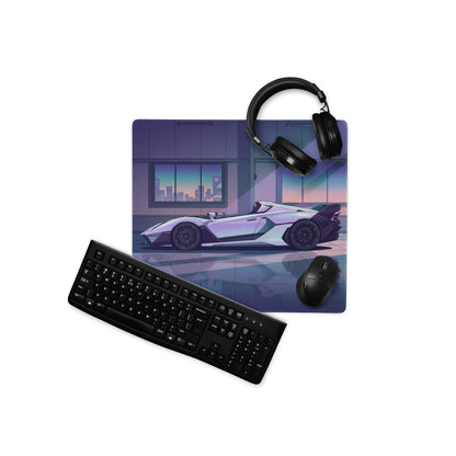 Lamborghini SC20 Inspired White Purple Vaporwave Gaming Mouse Pad – Futuristic Supercar Garage Desk Mat with Neon Anime Motorsport Artwork