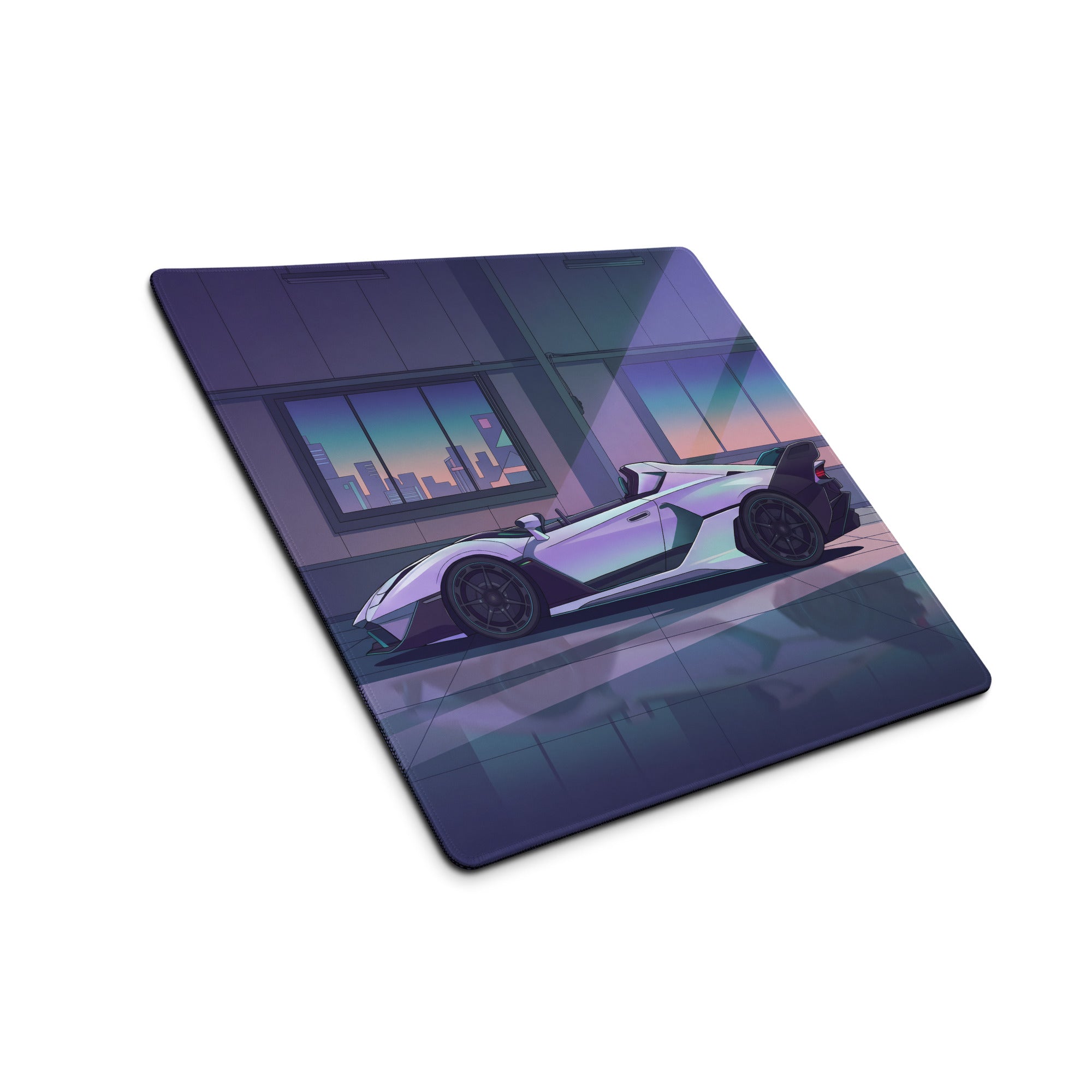 Lamborghini SC20 Inspired White Purple Vaporwave Gaming Mouse Pad – Futuristic Supercar Garage Desk Mat with Neon Anime Motorsport Artwork