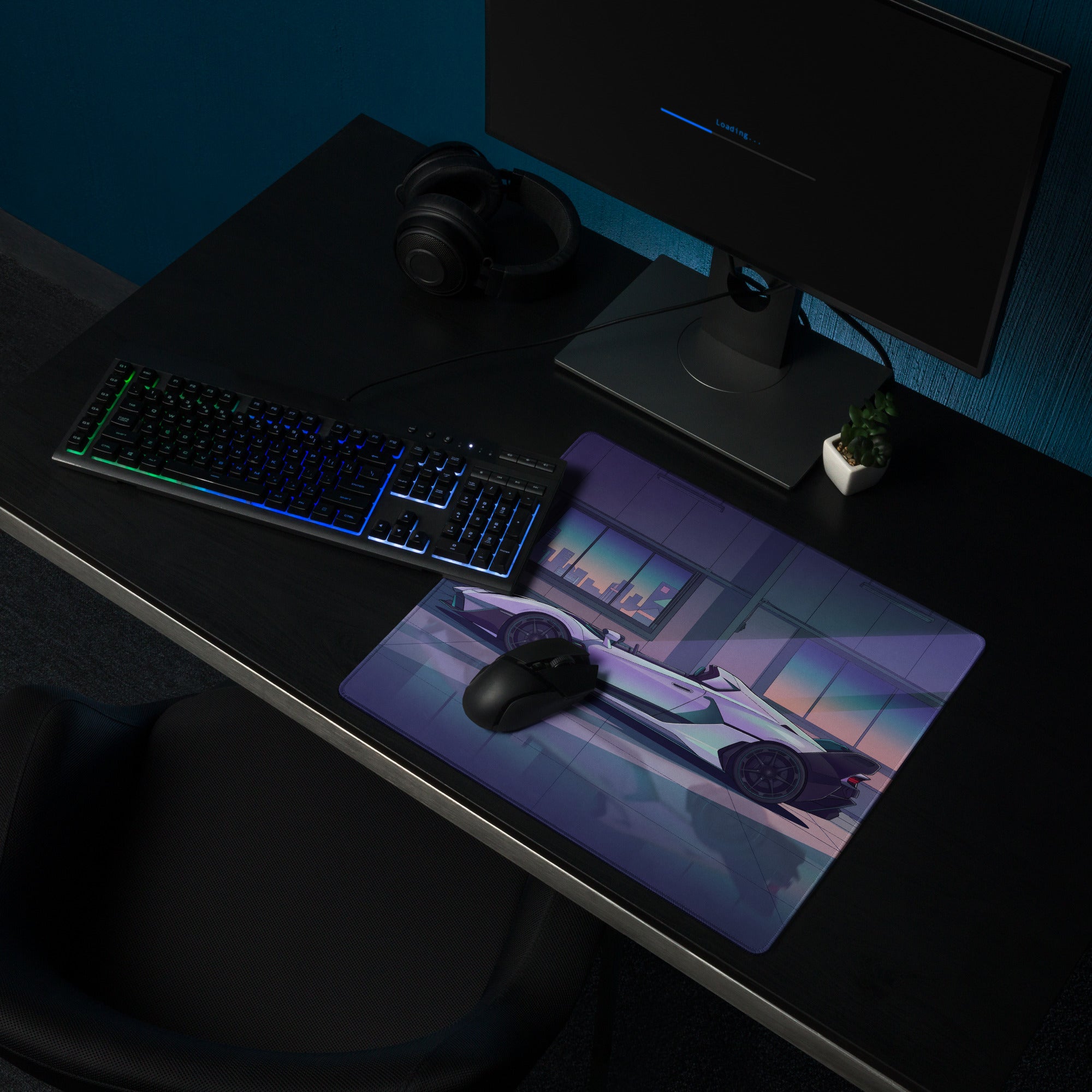 Lamborghini SC20 Inspired White Purple Vaporwave Gaming Mouse Pad – Futuristic Supercar Garage Desk Mat with Neon Anime Motorsport Artwork