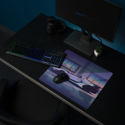 Lamborghini SC20 Inspired White Purple Vaporwave Gaming Mouse Pad – Futuristic Supercar Garage Desk Mat with Neon Anime Motorsport Artwork