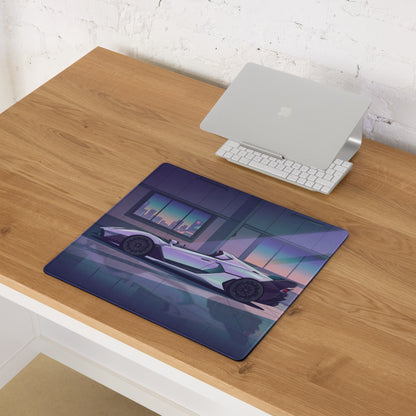 Lamborghini SC20 Inspired White Purple Vaporwave Gaming Mouse Pad – Futuristic Supercar Garage Desk Mat with Neon Anime Motorsport Artwork