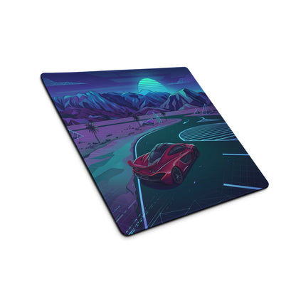 McLaren P1 Inspired Red Blue Vaporwave Gaming Mouse Pad – Neon Mountain Highway Supercar Desk Mat with Retro Futuristic Synthwave Racing Art