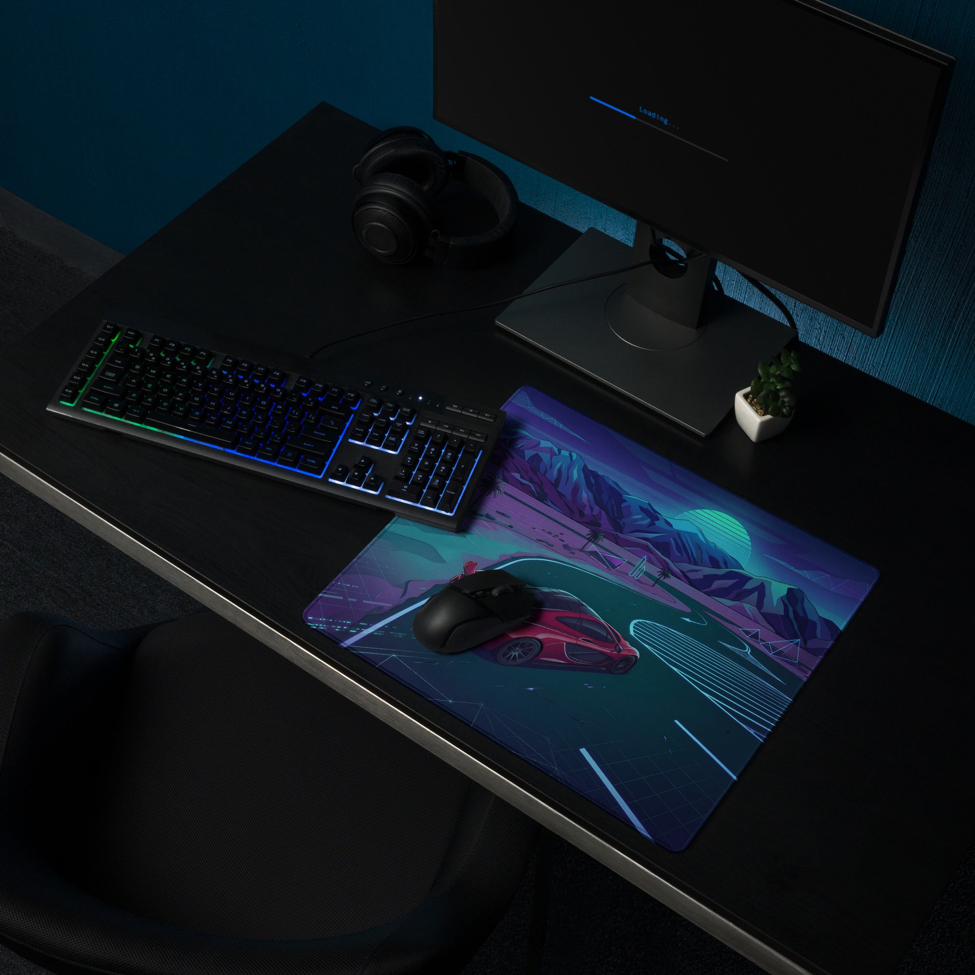 McLaren P1 Inspired Red Blue Vaporwave Gaming Mouse Pad – Neon Mountain Highway Supercar Desk Mat with Retro Futuristic Synthwave Racing Art