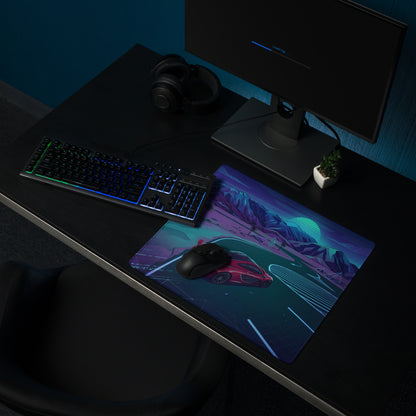 McLaren P1 Inspired Red Blue Vaporwave Gaming Mouse Pad – Neon Mountain Highway Supercar Desk Mat with Retro Futuristic Synthwave Racing Art