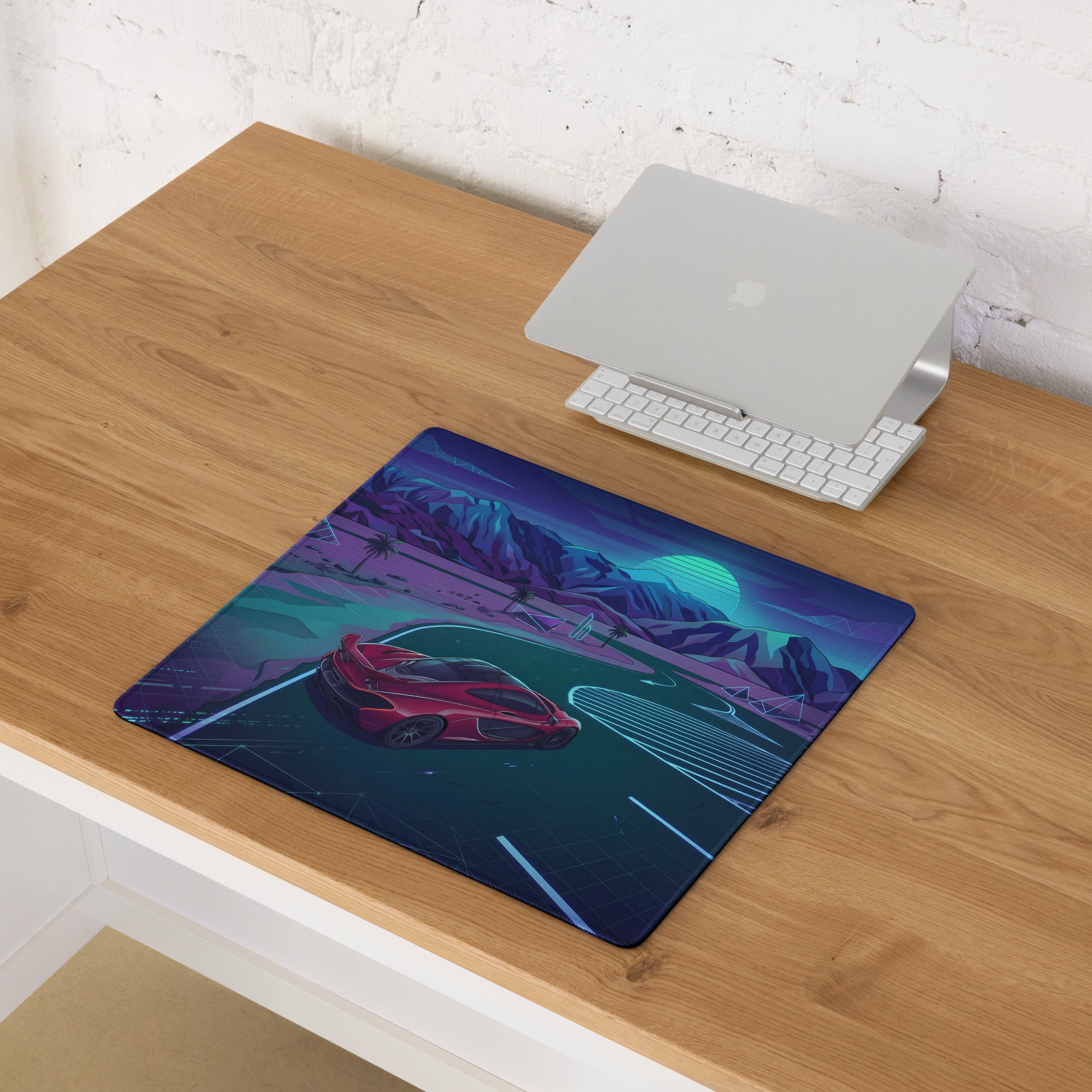 McLaren P1 Inspired Red Blue Vaporwave Gaming Mouse Pad – Neon Mountain Highway Supercar Desk Mat with Retro Futuristic Synthwave Racing Art