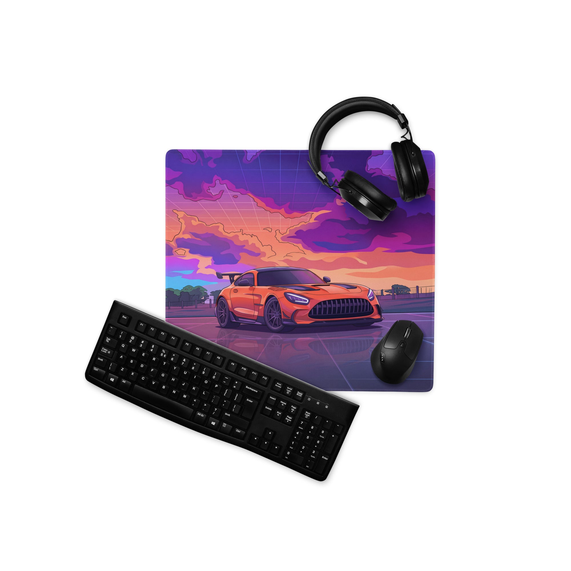 Mercedes-AMG GT3 Inspired Orange Purple Vaporwave Gaming Mouse Pad – Neon Sunset Racing Desk Mat with Retro Futuristic Synthwave Motorsport Art