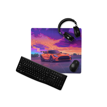 Mercedes-AMG GT3 Inspired Orange Purple Vaporwave Gaming Mouse Pad – Neon Sunset Racing Desk Mat with Retro Futuristic Synthwave Motorsport Art