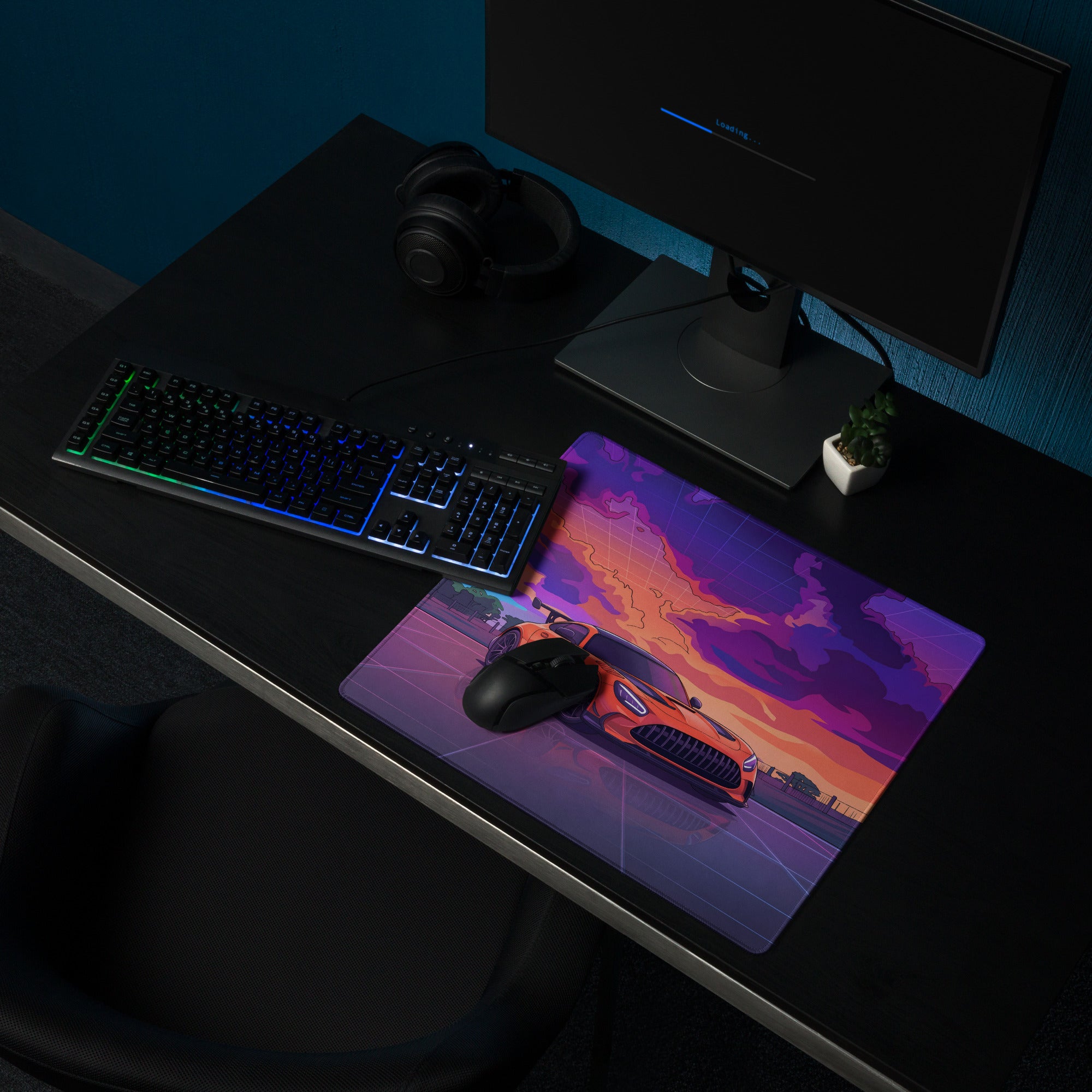 Mercedes-AMG GT3 Inspired Orange Purple Vaporwave Gaming Mouse Pad – Neon Sunset Racing Desk Mat with Retro Futuristic Synthwave Motorsport Art