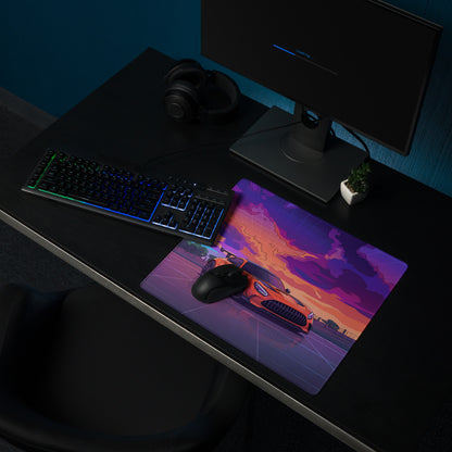 Mercedes-AMG GT3 Inspired Orange Purple Vaporwave Gaming Mouse Pad – Neon Sunset Racing Desk Mat with Retro Futuristic Synthwave Motorsport Art