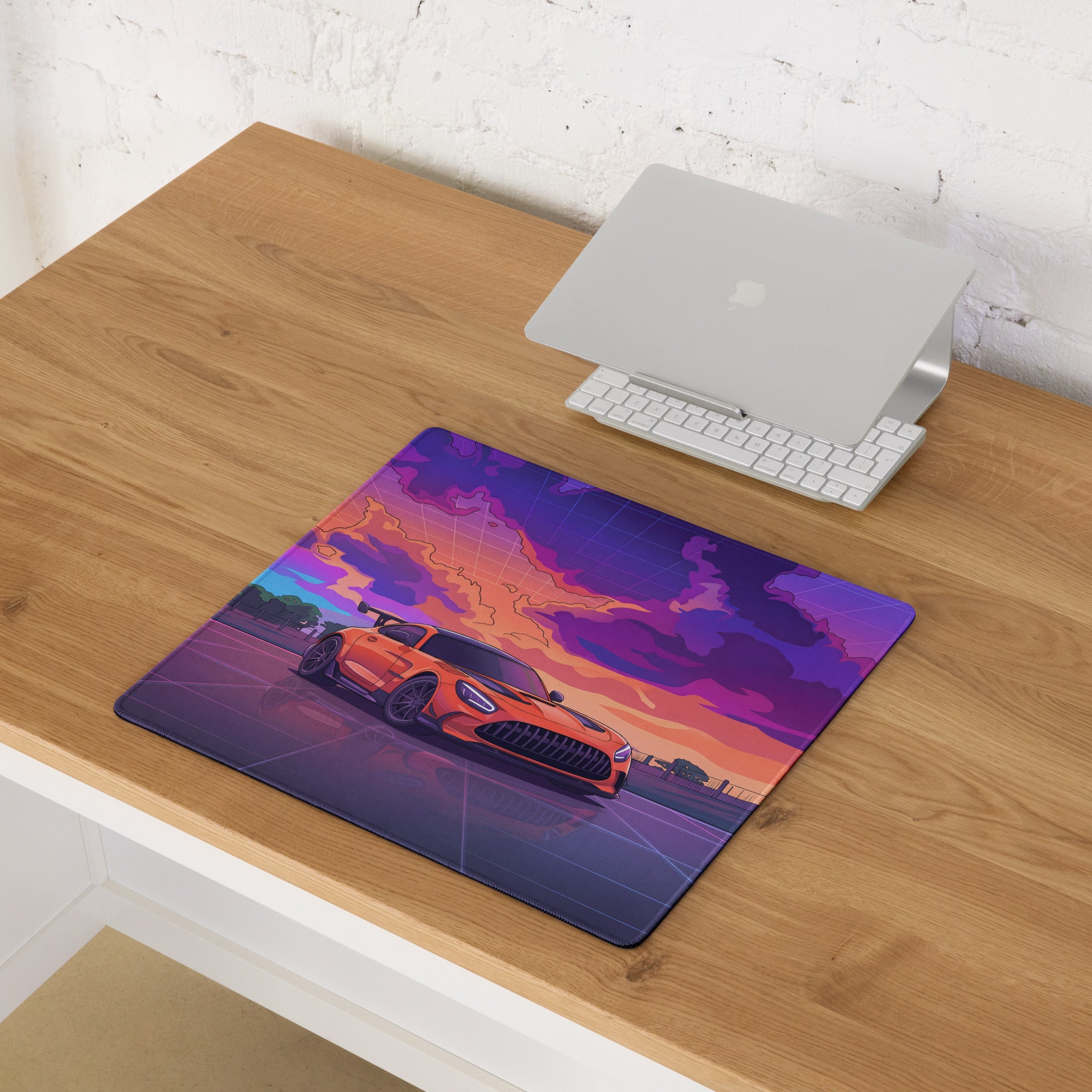 Mercedes-AMG GT3 Inspired Orange Purple Vaporwave Gaming Mouse Pad – Neon Sunset Racing Desk Mat with Retro Futuristic Synthwave Motorsport Art