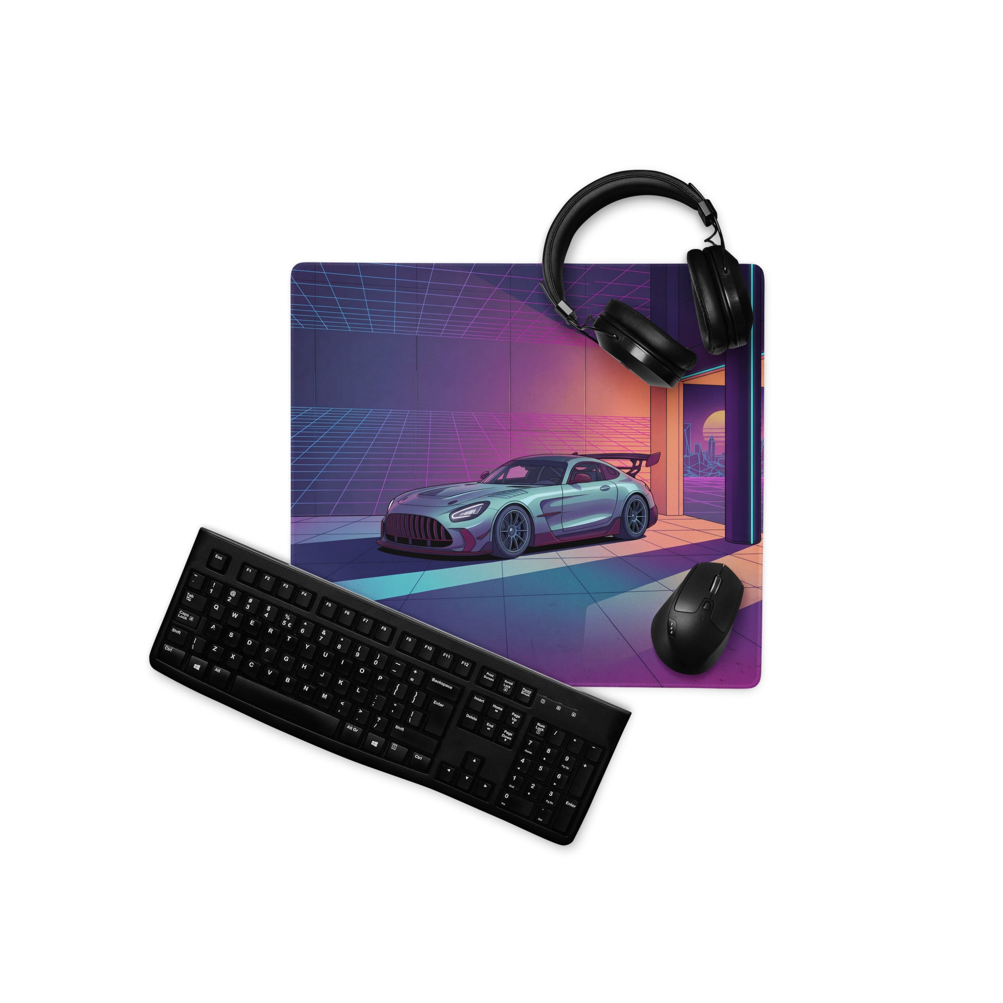 Mercedes-AMG GT3 Inspired Silver Purple Vaporwave Gaming Mouse Pad – Neon Futuristic Garage Desk Mat with Retro Synthwave Motorsport Art