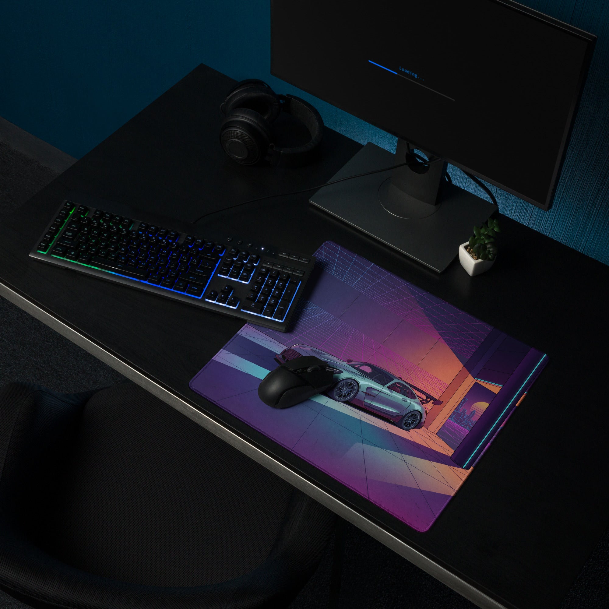 Mercedes-AMG GT3 Inspired Silver Purple Vaporwave Gaming Mouse Pad – Neon Futuristic Garage Desk Mat with Retro Synthwave Motorsport Art