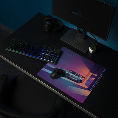 Mercedes-AMG GT3 Inspired Silver Purple Vaporwave Gaming Mouse Pad – Neon Futuristic Garage Desk Mat with Retro Synthwave Motorsport Art