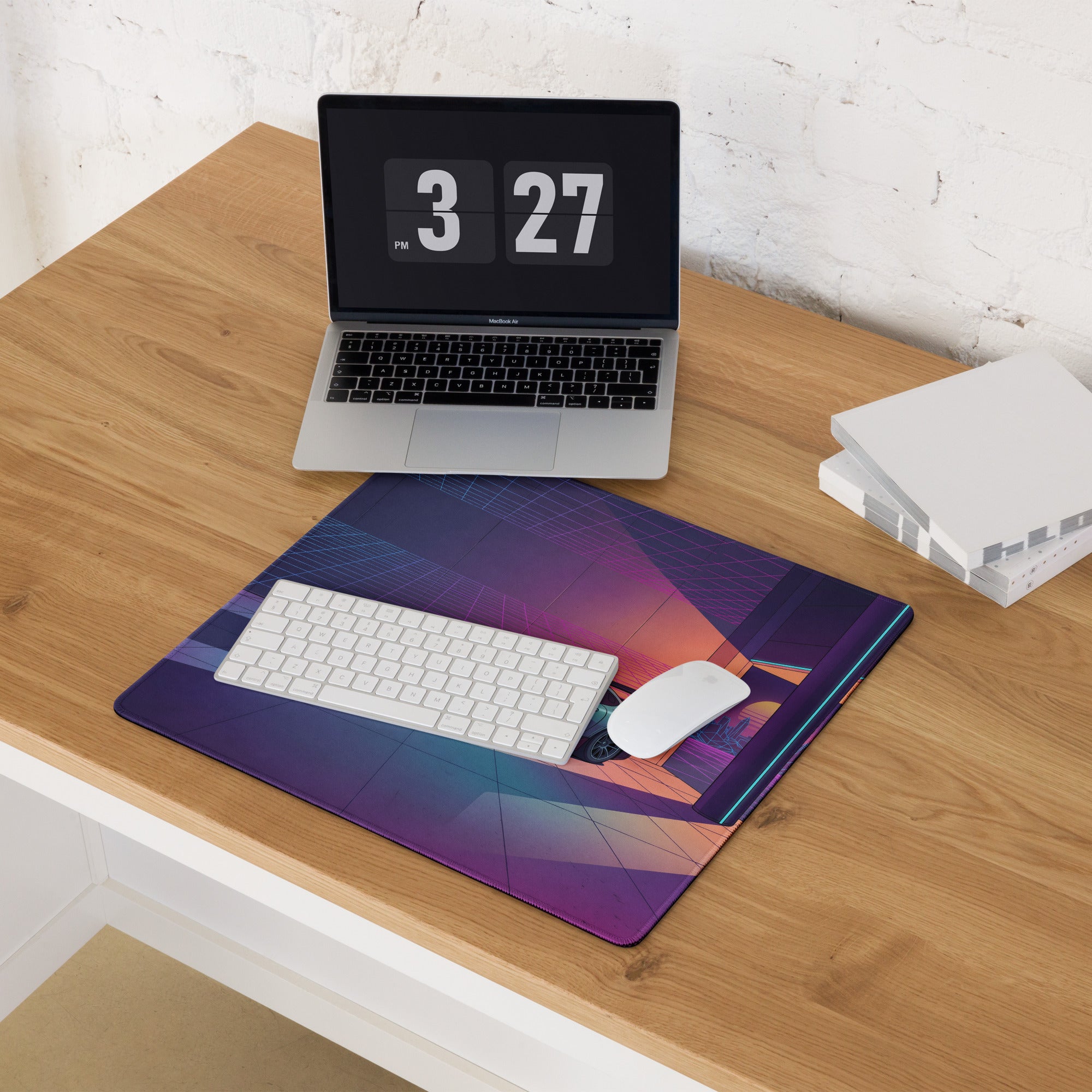 Mercedes-AMG GT3 Inspired Silver Purple Vaporwave Gaming Mouse Pad – Neon Futuristic Garage Desk Mat with Retro Synthwave Motorsport Art