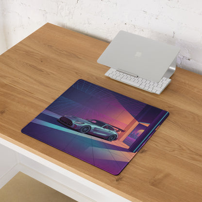 Mercedes-AMG GT3 Inspired Silver Purple Vaporwave Gaming Mouse Pad – Neon Futuristic Garage Desk Mat with Retro Synthwave Motorsport Art