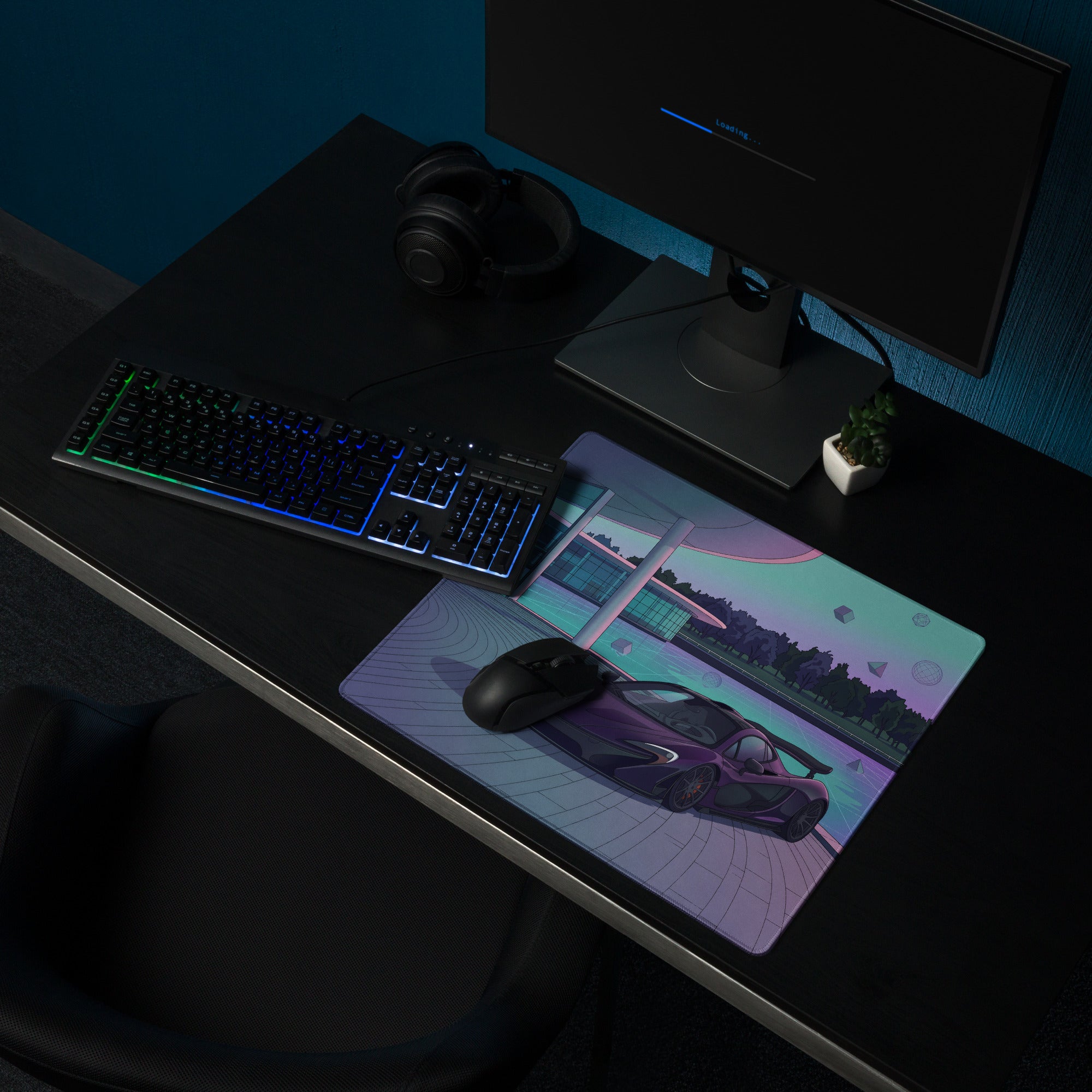 McLaren P1 Inspired Purple Cyan Vaporwave Gaming Mouse Pad – Futuristic Poolside Hypercar Desk Mat with Pastel Neon Geometric Synthwave Art