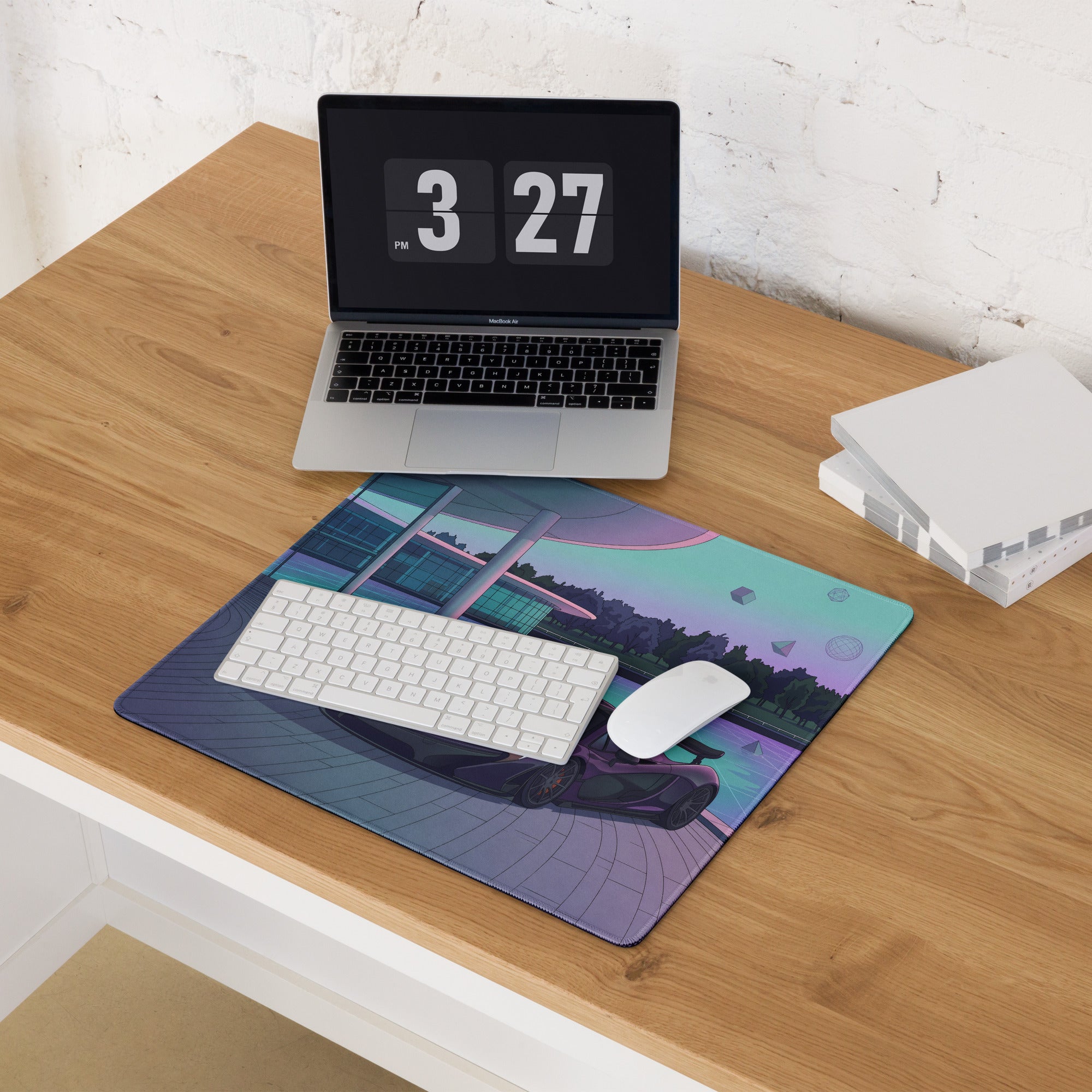 McLaren P1 Inspired Purple Cyan Vaporwave Gaming Mouse Pad – Futuristic Poolside Hypercar Desk Mat with Pastel Neon Geometric Synthwave Art