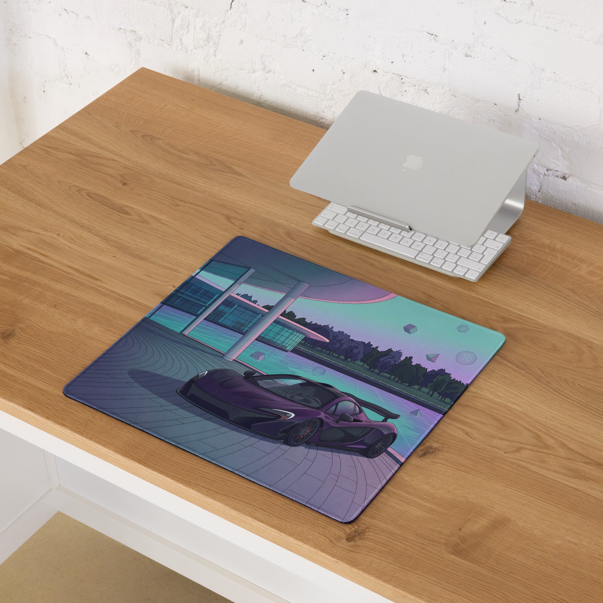 McLaren P1 Inspired Purple Cyan Vaporwave Gaming Mouse Pad – Futuristic Poolside Hypercar Desk Mat with Pastel Neon Geometric Synthwave Art