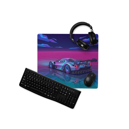 Ford GT Mk IV Inspired Silver Blue Vaporwave Gaming Mouse Pad – Neon Pink Grid Hypercar Desk Mat with Retro Futuristic Synthwave Racing Art
