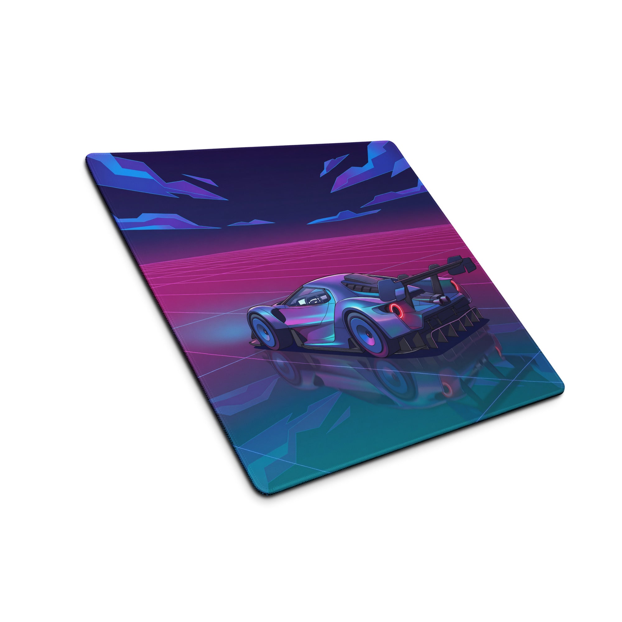Ford GT Mk IV Inspired Silver Blue Vaporwave Gaming Mouse Pad – Neon Pink Grid Hypercar Desk Mat with Retro Futuristic Synthwave Racing Art