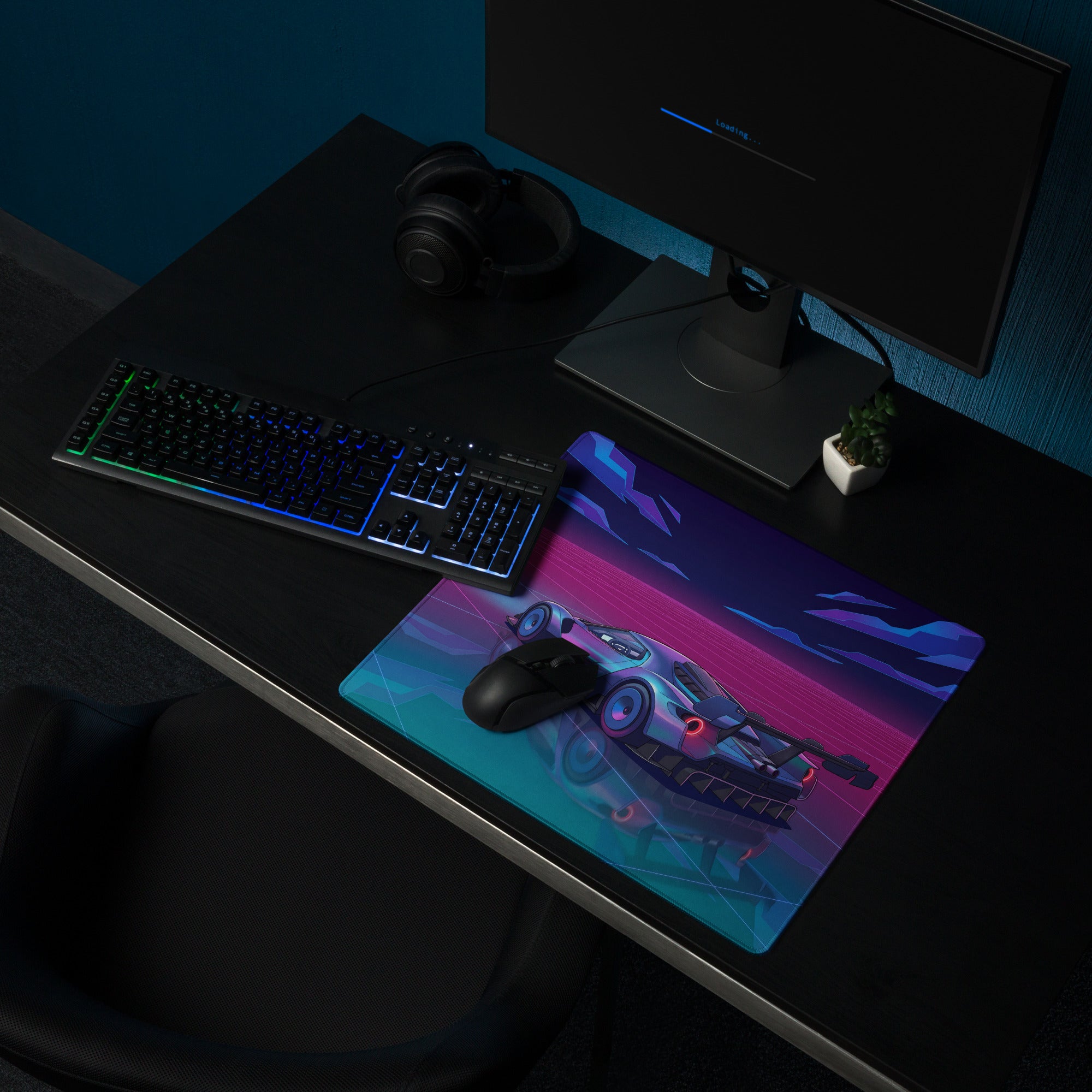 Ford GT Mk IV Inspired Silver Blue Vaporwave Gaming Mouse Pad – Neon Pink Grid Hypercar Desk Mat with Retro Futuristic Synthwave Racing Art