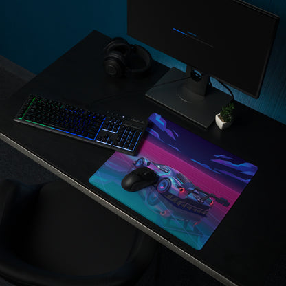 Ford GT Mk IV Inspired Silver Blue Vaporwave Gaming Mouse Pad – Neon Pink Grid Hypercar Desk Mat with Retro Futuristic Synthwave Racing Art