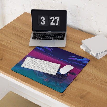 Ford GT Mk IV Inspired Silver Blue Vaporwave Gaming Mouse Pad – Neon Pink Grid Hypercar Desk Mat with Retro Futuristic Synthwave Racing Art