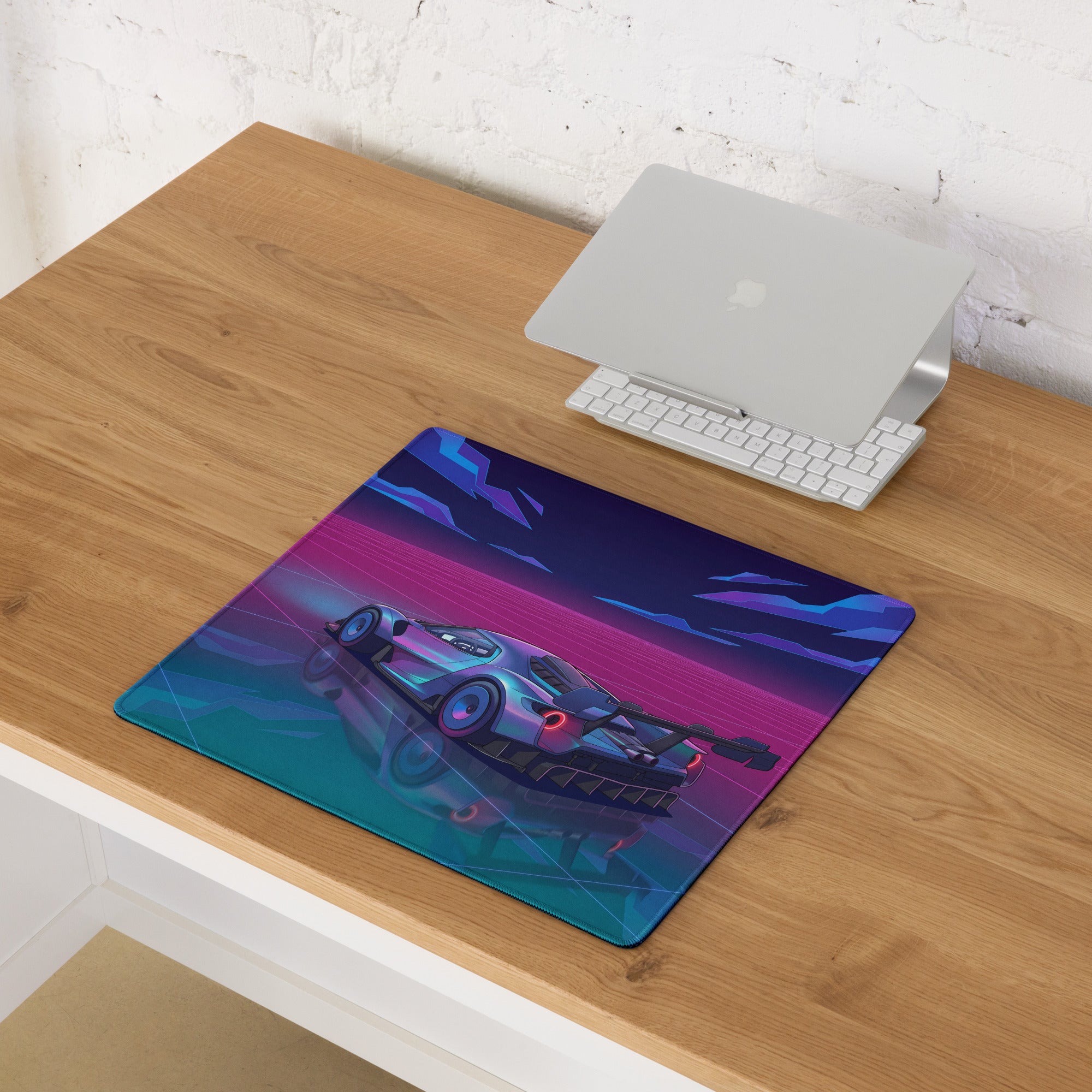 Ford GT Mk IV Inspired Silver Blue Vaporwave Gaming Mouse Pad – Neon Pink Grid Hypercar Desk Mat with Retro Futuristic Synthwave Racing Art